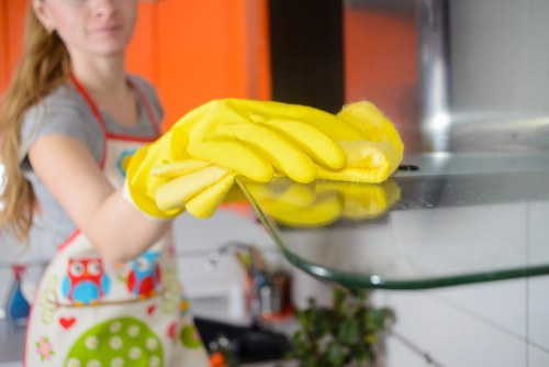 Staff member reviewing workplace safety measures before starting cleaning